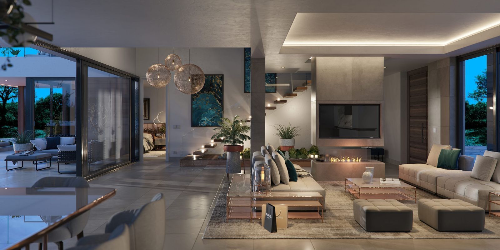 Espace de vie moderne avec cheminée, escalier et vue sur le jardin à la Villa Azahar.