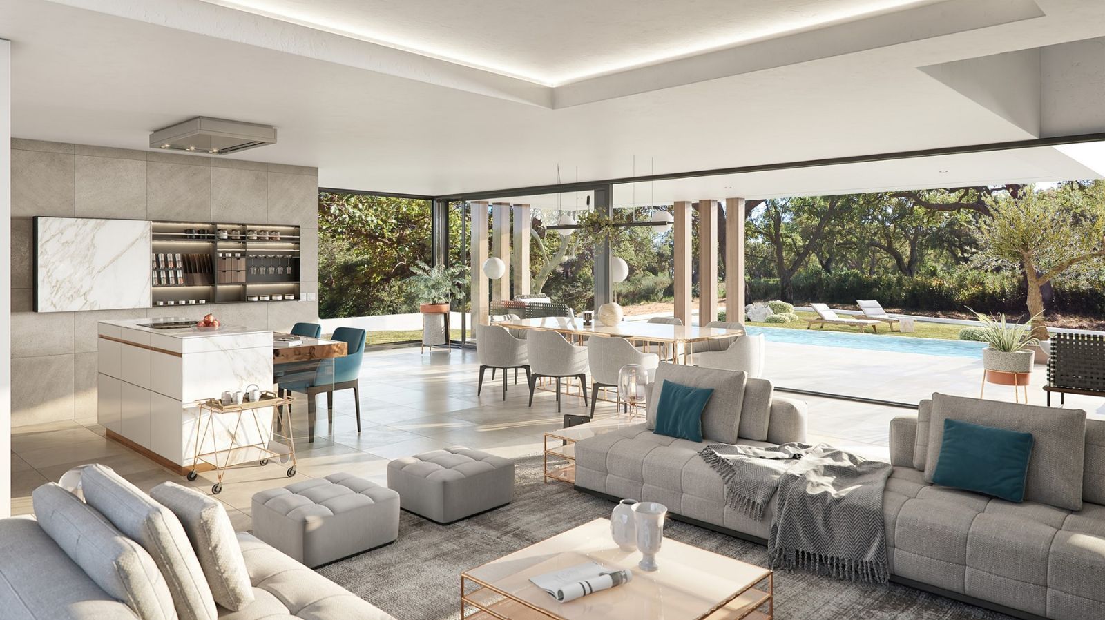 Espace salon et salle à manger de villa luxueuse avec accès direct à la piscine et au jardin.